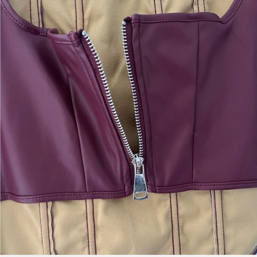 Hyfve Burgundy Red Silver Zippered up Leather interior Crop Top. - Picture 4 of 5